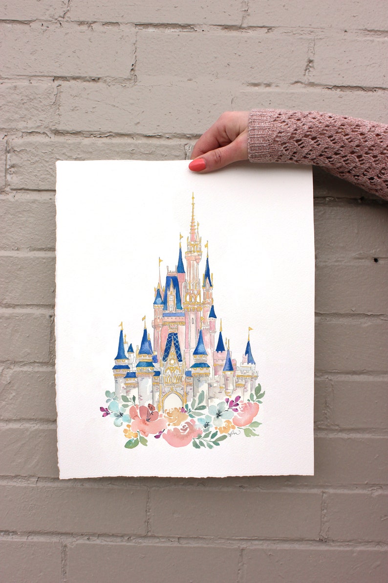 New Disney World Castle Watercolor Print in Pink Disney Castle, Princess Castle with Watercolor Florals, Pink Disney World image 3