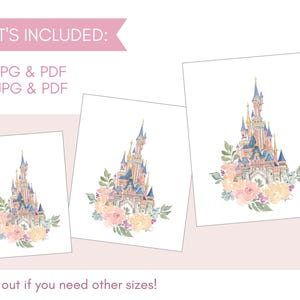 May include: A watercolor illustration of a pink castle with blue accents and a floral arrangement in front of it. The castle is surrounded by pink, white, and yellow flowers. The illustration is on a white background.