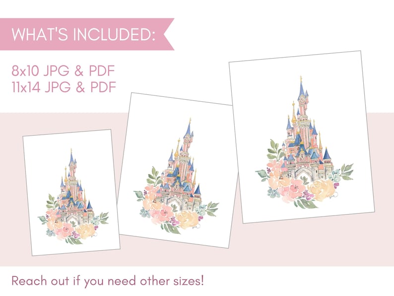 May include: A watercolor illustration of a pink castle with blue accents and a floral arrangement in front of it. The castle is surrounded by pink, white, and yellow flowers. The illustration is on a white background.