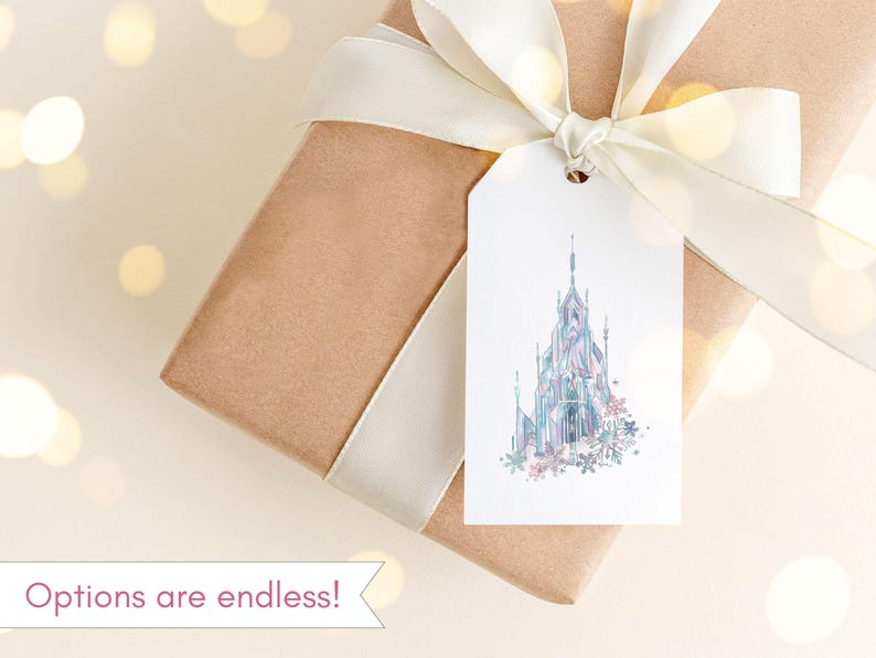 May include: A gift wrapped in brown paper with a white satin ribbon and bow. A white tag with a watercolor illustration of a castle and flowers is attached to the ribbon. The text "Options are endless!" is at the bottom.