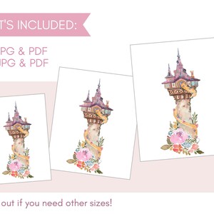 May include: Watercolor illustration of a fairytale tower with a pink and purple roof, adorned with a golden ribbon and surrounded by flowers. The image includes 8x10 and 11x14 JPG & PDF files.