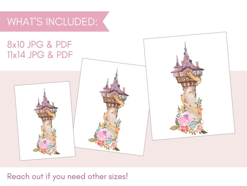 May include: Watercolor illustration of a fairytale tower with a pink and purple roof, adorned with a golden ribbon and surrounded by flowers. The image includes 8x10 and 11x14 JPG & PDF files.