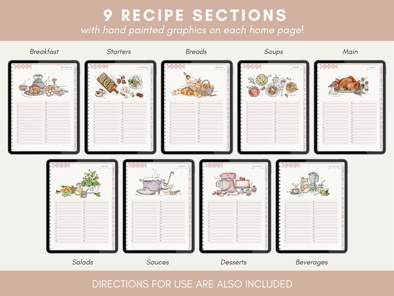 May include: Nine printable recipe pages with hand-painted illustrations of food and kitchen items. Each page is labeled with a different recipe category, such as breakfast, starters, breads, soups, salads, sauces, desserts, beverages, and main dishes.