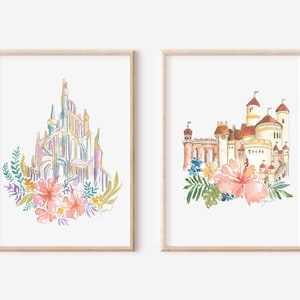 Little Mermaid Castle Watercolor Print, Both Under the Sea and Seaside Castle (Eric&#39;s Castle), Ariel and Prince Eric Art