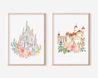Little Mermaid Castle Watercolor Print, Both Under the Sea and Seaside Castle (Eric's Castle), Ariel and Prince Eric Art