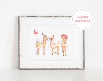 Instant Download Llama Watercolor Trio/ Baby Girl Nursery Decor/ Watercolor Baby Animals