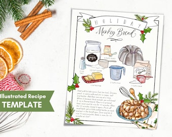 Recipes Custom Illustrated Recipe Template, Ebook Recipes, Christmas Bundt Cake Recipe Editable Download, Painted Recipe, Recipes Card