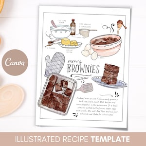 Recetas ilustradas personalizadas, plantilla de receta de Canva, recetas de ebook, descarga editable de brownie, receta personalizada pintada