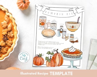 Recipes Custom Illustrated, Recipe Template, Ebook Recipes, Pumpkin Dessert Editable Download, Custom Painted Recipe, Recipes Card
