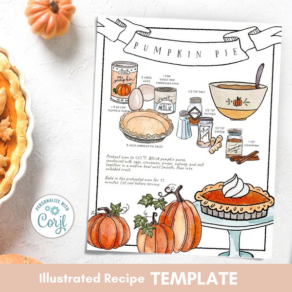 Recipes Custom Illustrated, Recipe Template, Ebook Recipes, Pumpkin Dessert Editable Download, Custom Painted Recipe, Recipes Card