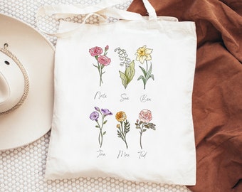 Affordable Mothers Day Gift, Personalized Birth Month Flower Canvas Tote, Mother Gift, Gift for Mom, Custom birth flower bag