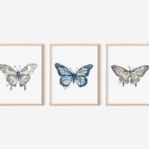 Butterfly Art Print Trio Pack in cool tones, Set of 3, Watercolor Print