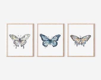 Butterfly Art Print Trio Pack in cool tones, Set of 3, Watercolor Print