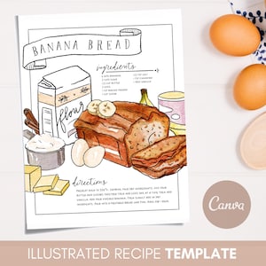 Recetas ilustradas personalizadas, plantilla de receta de Canva, recetas de ebooks, panes rápidos editables para descargar, receta personalizada pintada