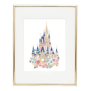 New Disney World Castle Watercolor Print in Pink! Disney Castle, Princess Castle with Watercolor Florals, Pink Disney World