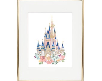 New Disney World Castle Watercolor Print in Pink! Disney Castle, Princess Castle with Watercolor Florals, Pink Disney World