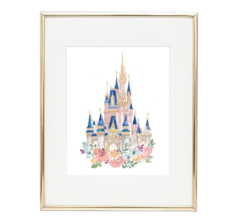 New Disney World Castle Watercolor Print in Pink Disney Castle, Princess Castle with Watercolor Florals, Pink Disney World image 1