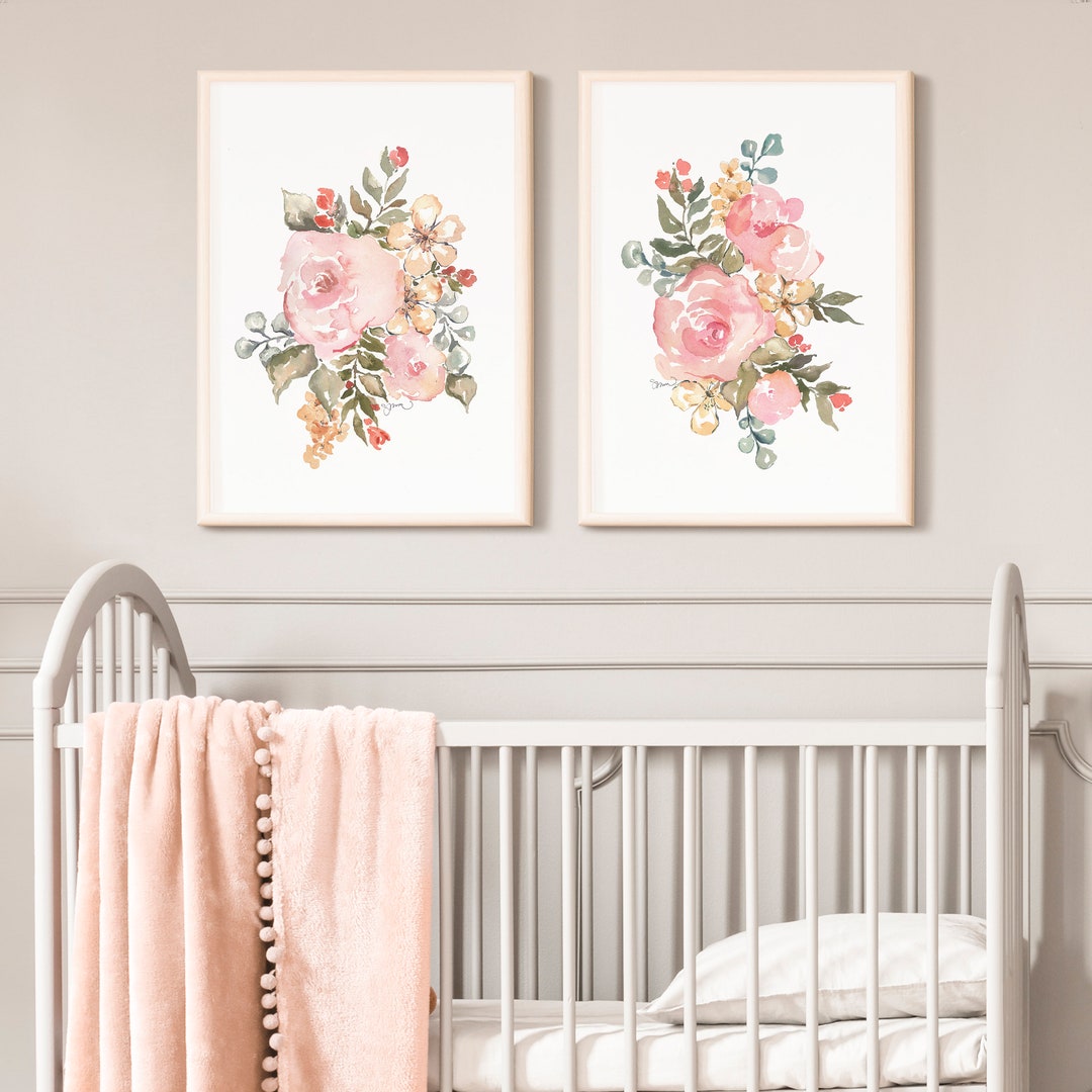 Neutrals Nursery Decor, Pink Watercolor Floral Print Duo, Set of 2 Pink ...