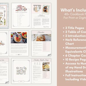 May include: A digital cookbook template with a pink and white color scheme. The cover features a hand-drawn illustration of kitchen utensils and a table of contents. The template includes 40+ pages for recipes, instructions, and more.