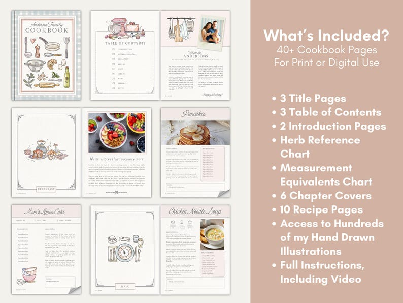 May include: A digital cookbook template with a pink and white color scheme. The cover features a hand-drawn illustration of kitchen utensils and a table of contents. The template includes 40+ pages for recipes, instructions, and more.