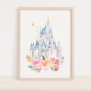 Disney World Print, Watercolor Print! Disney Castle, Princess Castle with Watercolor Florals, Disneyworld, Disney Print, Simple Disney