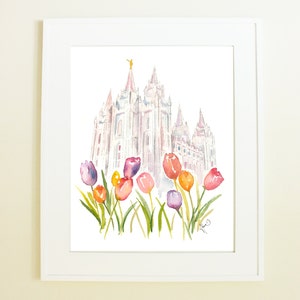 Salt Lake City LDS Temple, featuring famous Temple Square Tulips! SLC Temple Watercolor Print