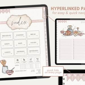 May include: A pink and white digital planner with a watercolor index page. The index page has categories for breakfast, starters, bread, soups, main, salads, sauces, desserts, and beverages. The planner has hyperlinked pages for easy navigation.