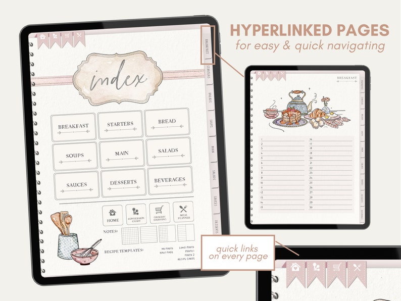 May include: A pink and white digital planner with a watercolor index page. The index page has categories for breakfast, starters, bread, soups, main, salads, sauces, desserts, and beverages. The planner has hyperlinked pages for easy navigation.