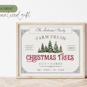 May include: A vintage-style sign with the text "The Anderson Family Farm Fresh. Est. 2007. Christmas Trees Cut & Carry Pine Spruce Fir Cedar" in black and red lettering. The sign features a watercolor illustration of evergreen trees.