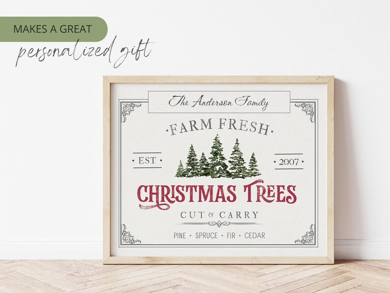 May include: A vintage-style sign with the text "The Anderson Family Farm Fresh. Est. 2007. Christmas Trees Cut & Carry Pine Spruce Fir Cedar" in black and red lettering. The sign features a watercolor illustration of evergreen trees.
