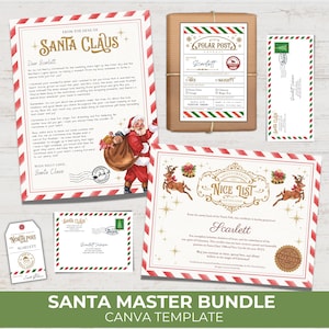 Könnte beinhalten: Ein Weihnachtsbriefpapier-Set mit einem Brief vom Weihnachtsmann, einem Zertifikat für die nette Liste, einem Polar Post-Paket, einem Umschlag und einem Nordpol-Anhänger. Das Set hat rot-weiß gestreifte Ränder und festliche Illustrationen.