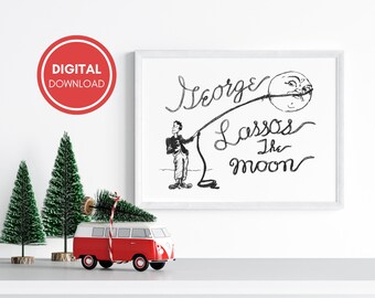 Lámina de George Lanza la Luna, Bedford Falls, Arte de ¡Qué bello es vivir!, Lámina navideña nostálgica, Decoración navideña, Lámina navideña imprimible