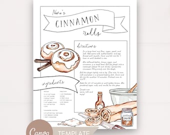 Recipes Custom Illustrated, Recipe Canva Template, Ebook Recipes, Cinnamon Roll Editable Download, Custom Painted Recipe, Recipes Card