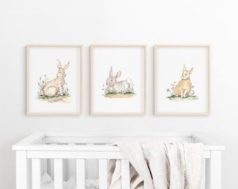 Nursery Art, Set of 3 Bunny Artwork, Bunny Prints, Baby Nursery Decor, Nursery Prints, Nursery Wall Art, Bunny Watercolor