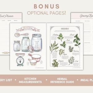 May include: A printable set of kitchen and herb reference pages. The pages include a meal planner, grocery list, kitchen measurements, and a guide to common herbs. The pages are illustrated with watercolor drawings of kitchen tools and herbs.