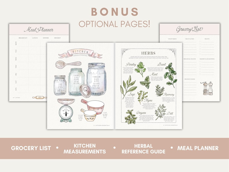 May include: A printable set of kitchen and herb reference pages. The pages include a meal planner, grocery list, kitchen measurements, and a guide to common herbs. The pages are illustrated with watercolor drawings of kitchen tools and herbs.