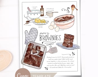 Recipes Custom Illustrated, Recipe Canva Template, Ebook Recipes, Brownie Editable Download, Custom Painted Recipe