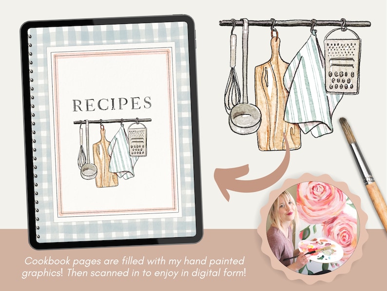 May include: A digital illustration of a cookbook cover with the word "RECIPES" in black text. The cover features a hand-drawn illustration of kitchen utensils hanging on a rack, including a wooden cutting board, a whisk, a pot, and a grater.