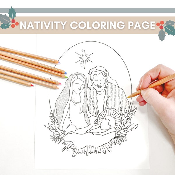 Nativity Coloring Page Instant Download, Baby Jesus Coloring Page, Hand-Illustrated, Nativity Artwork