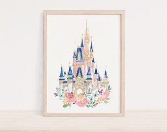 New Disney World Castle Watercolor Print in Pink! Disney Castle, Princess Castle with Watercolor Florals, Pink Disney World