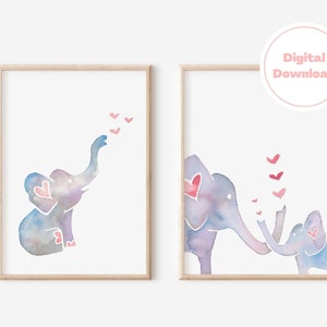 May include: Two watercolor paintings of elephants with pink hearts. The first painting shows a single elephant with its trunk raised, blowing hearts into the air. The second painting shows two elephants, one larger than the other, with their trunks touching and hearts floating between them.