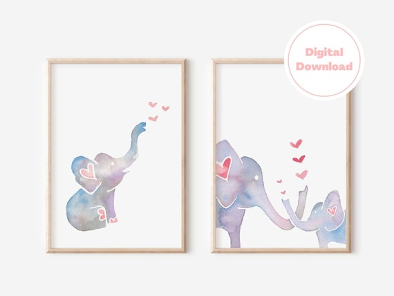 Instant Download, Baby Elephant Nursery Watercolor, Mama and Baby Elephants, Nursery Animal Print