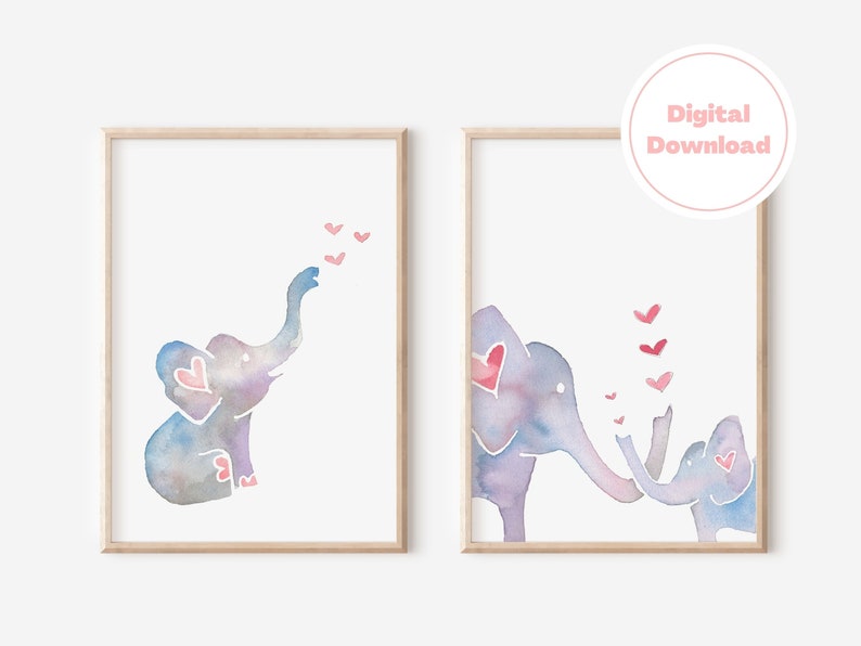 May include: Two watercolor paintings of elephants with pink hearts. The first painting shows a single elephant with its trunk raised, blowing hearts into the air. The second painting shows two elephants, one larger than the other, with their trunks touching and hearts floating between them.