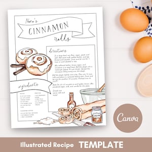 Recetas ilustradas personalizadas, plantilla de receta de Canva, recetas en formato ebook, rollos de canela editables, receta personalizada pintada, tarjeta de recetas