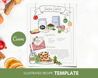 Recipes Custom Illustrated, Recipe Canva Template, Ebook Recipes, Christmas Cookies Recipes Editable Download, Custom Painted Recipe