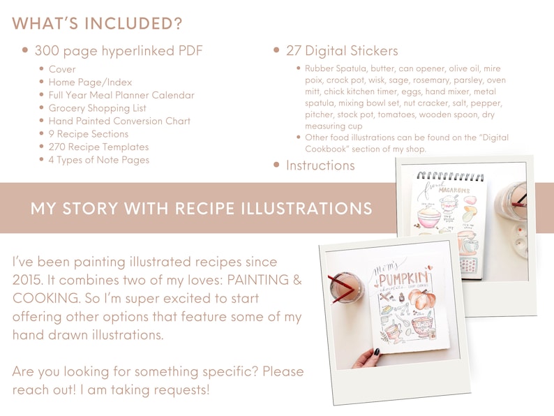 May include: A digital planner with 300 pages, including a cover, home page, index, meal planner calendar, grocery shopping list, recipe conversion chart, recipe sections, recipe templates, and note pages. The planner also includes 27 digital stickers for cooking and baking.
