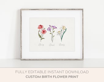 Combined Birth Flower, Affordable Mothers Day Gift, Birth Month Flower Print Fully Editable, Family Birth Flower Print, Gift for Mom
