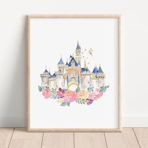 Cinderellas Castle, Disneyland Castle Print, Disney Land Castle featuring Watercolor Florals