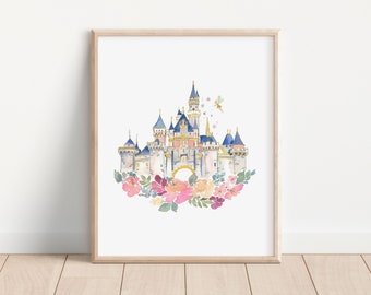 Cinderellas Castle, Disneyland Castle Print, Disney Land Castle featuring Watercolor Florals