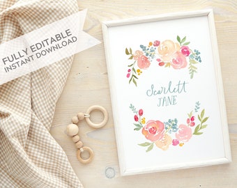 Editable Custom Sign, Name Wreath or Quote Template, Instant Download, DIY, Watercolor Floral Wreath Quote, Perfect for Baby Nursery